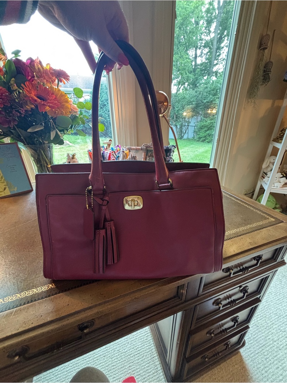 Coach Legacy Chelsea Satchel. Designer-Style Burgundy Leather Tote Bag w Tassel